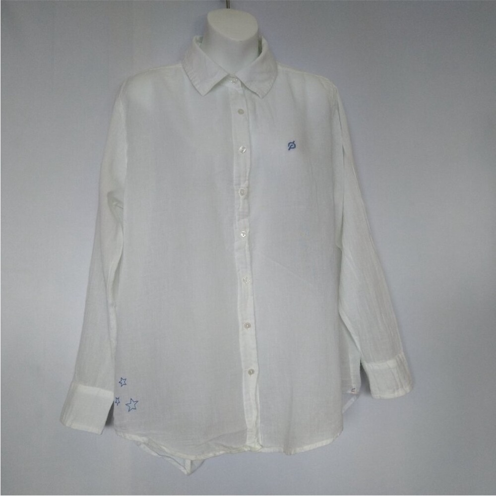 Peloton Button Down Embroidery Script Together We Go Far Gauze Blouse Sz Small